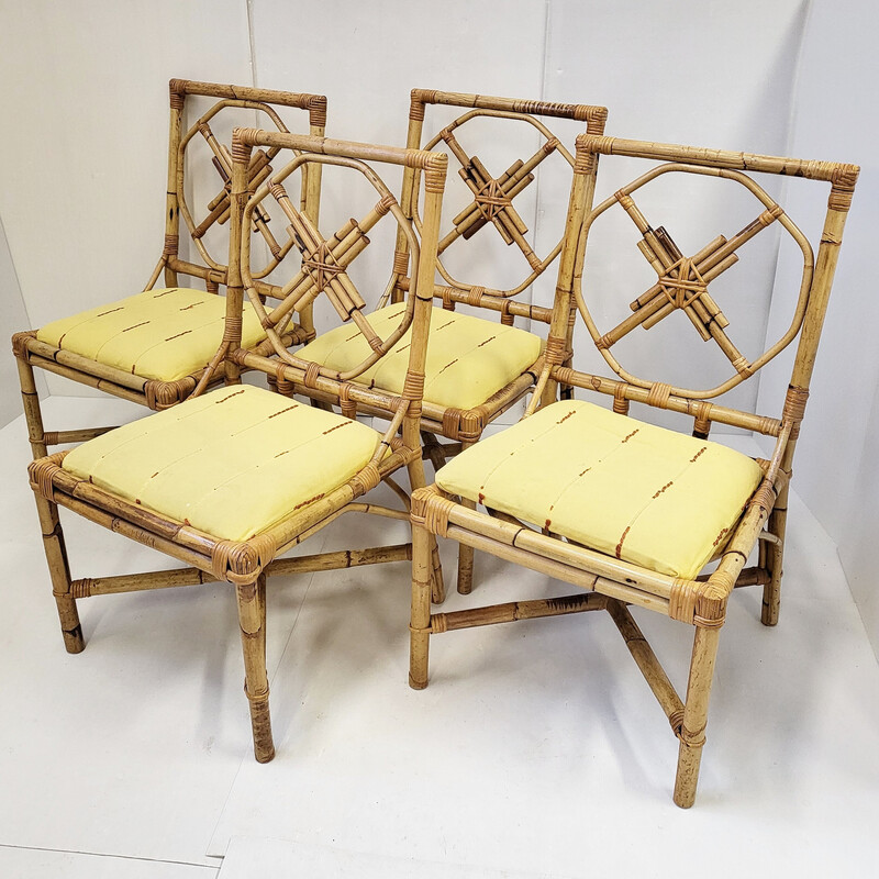 Set of 4 vintage bamboo and rattan chairs, 1950