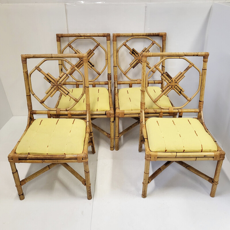 Conjunto de 4 cadeiras de bambu e rattan vintage, 1950