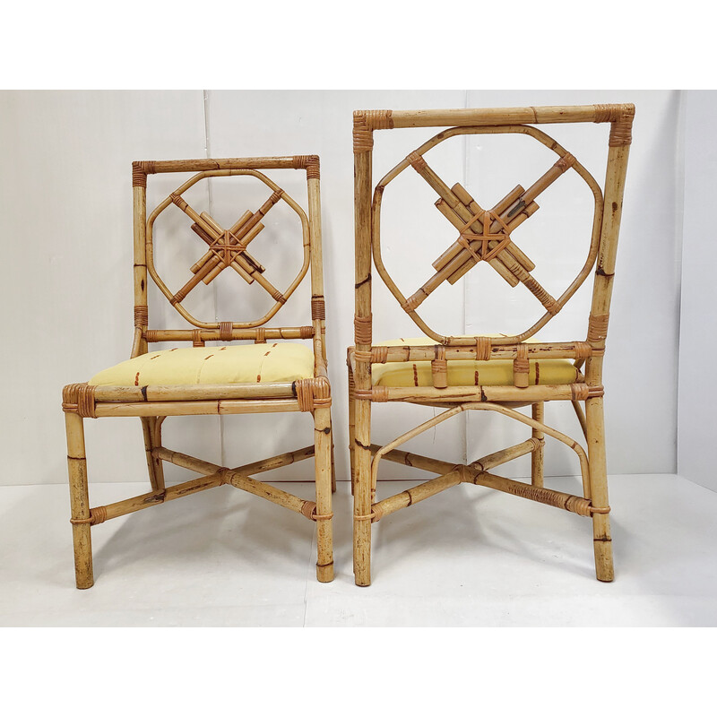 Juego de 4 sillas vintage de bambú y ratán, 1950