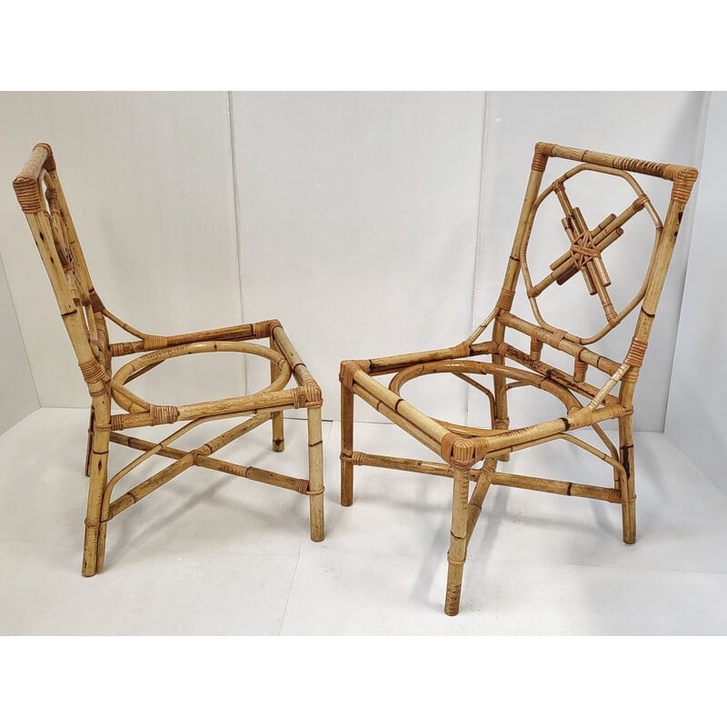 Lot de 4 chaises vintage en bambou et rotin, 1950