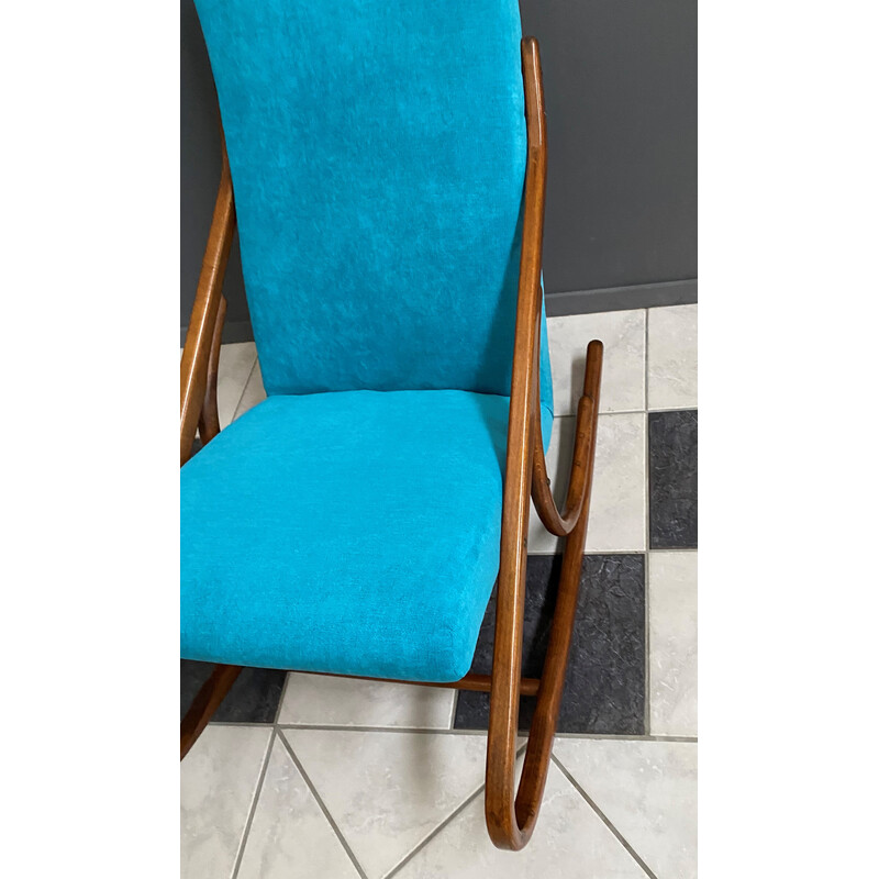 Vintage Thonet arm less rocking chair in blue velvet upholstery