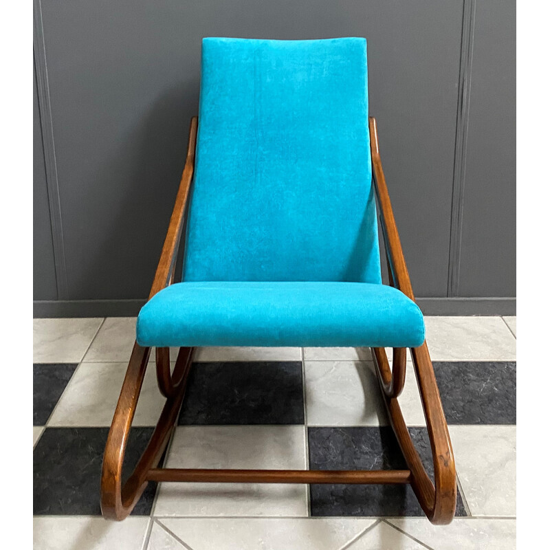 Vintage Thonet arm minder schommelstoel met blauwe fluwelen bekleding