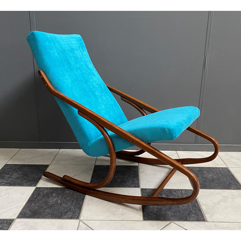 Chaise à bascule vintage Thonet sans bras en velours bleu