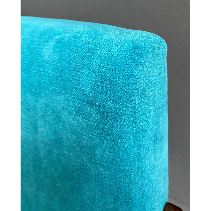 Vintage Thonet arm less rocking chair in blue velvet upholstery
