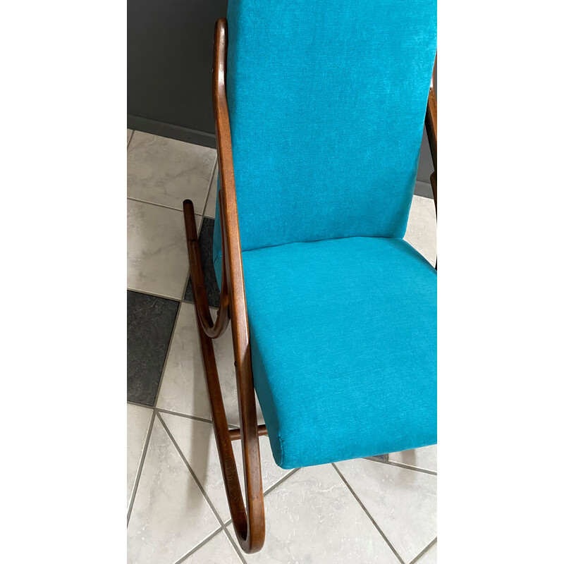 Vintage Thonet arm minder schommelstoel met blauwe fluwelen bekleding