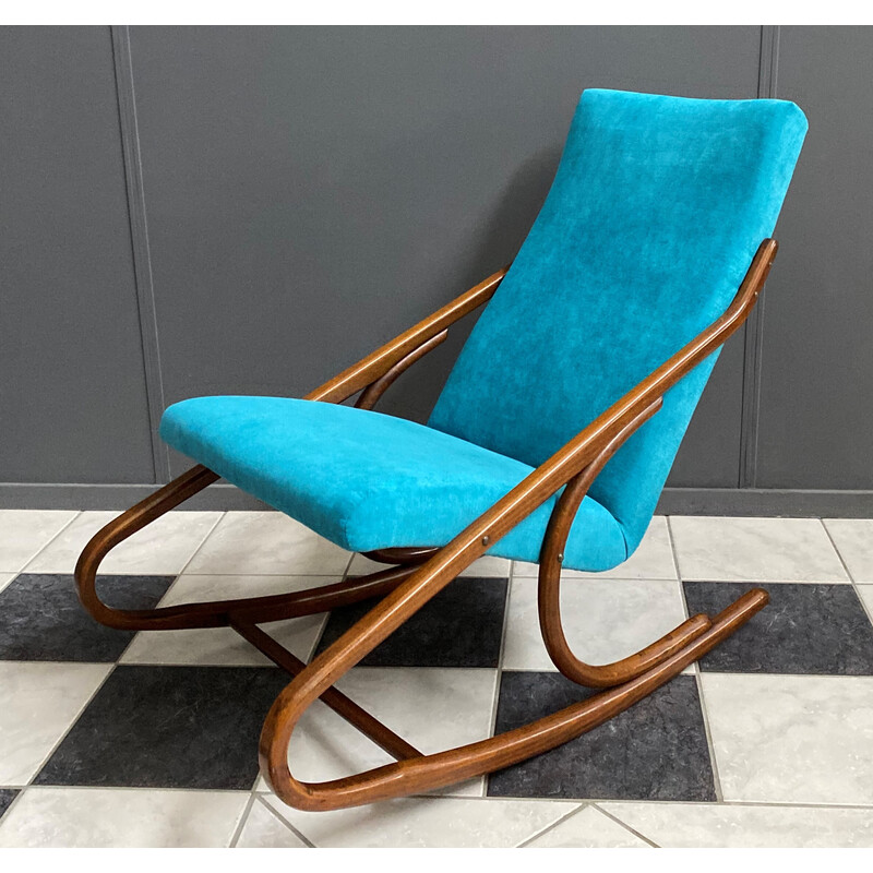 Cadeira de baloiço Vintage Thonet com braço menos baloiço em estofos de veludo azul