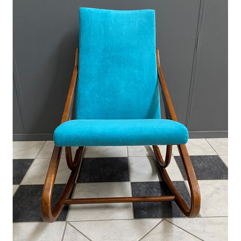 Vintage Thonet arm less rocking chair in blue velvet upholstery