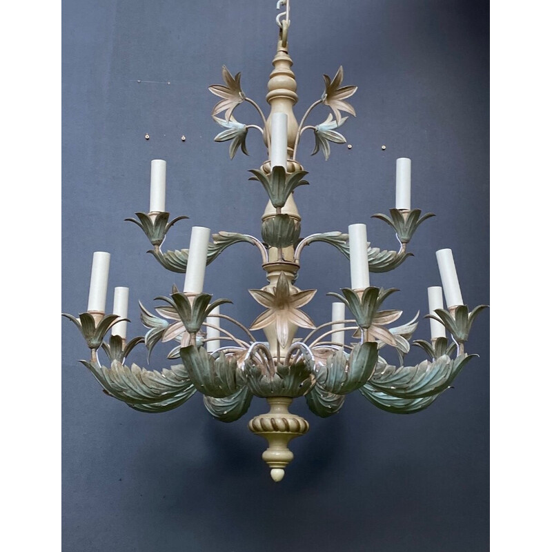 Vintage chandelier in wood and metal for Maison Baguès