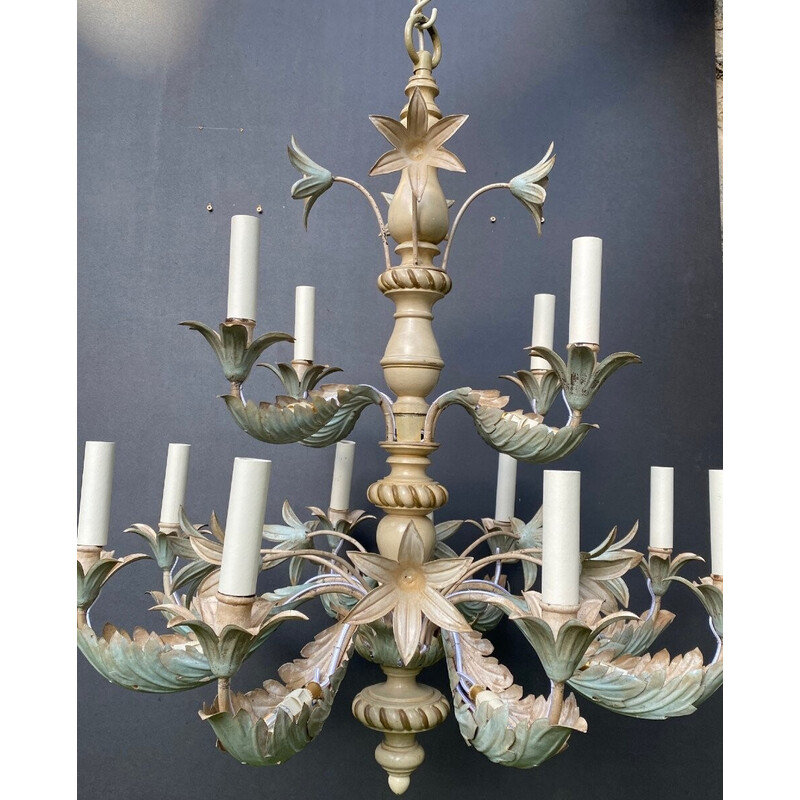 Vintage chandelier in wood and metal for Maison Baguès