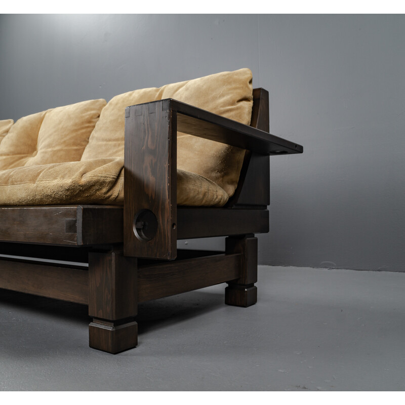 Vintage softwood and leather sofa, France 1960s