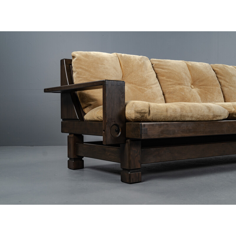 Vintage softwood and leather sofa, France 1960s