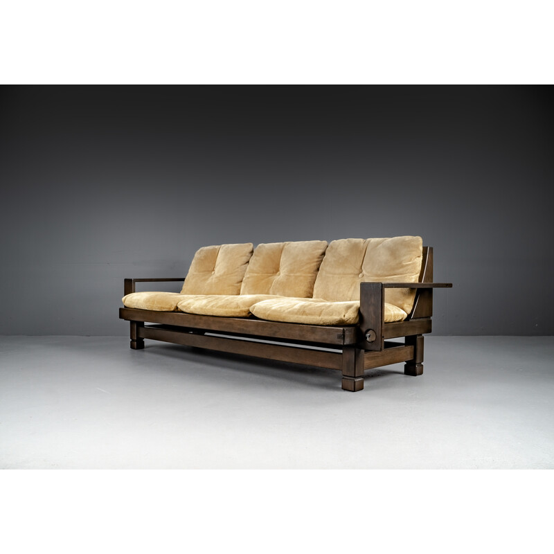 Vintage softwood and leather sofa, France 1960s