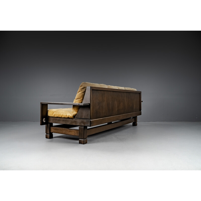 Vintage softwood and leather sofa, France 1960s