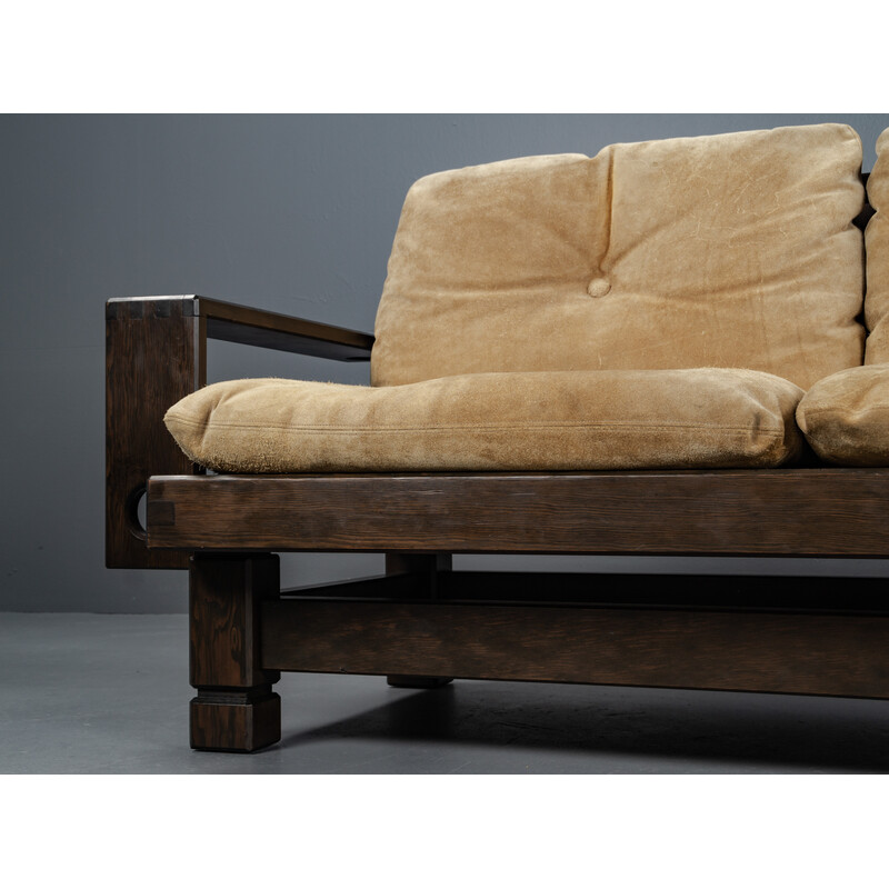 Vintage softwood and leather sofa, France 1960s