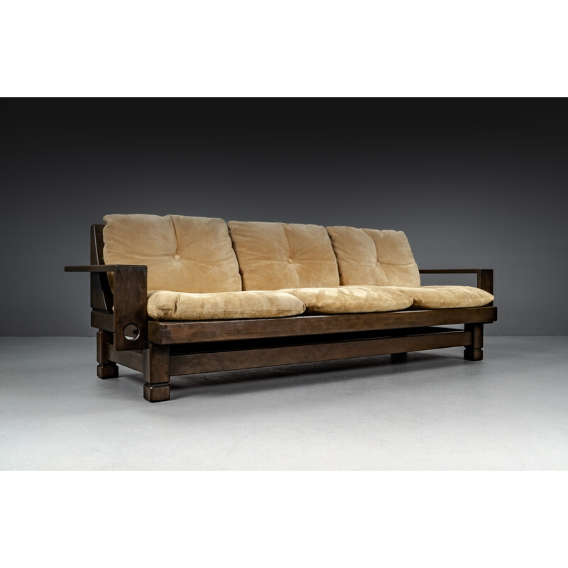 Vintage zachthouten en lederen sofa, Frankrijk 1960