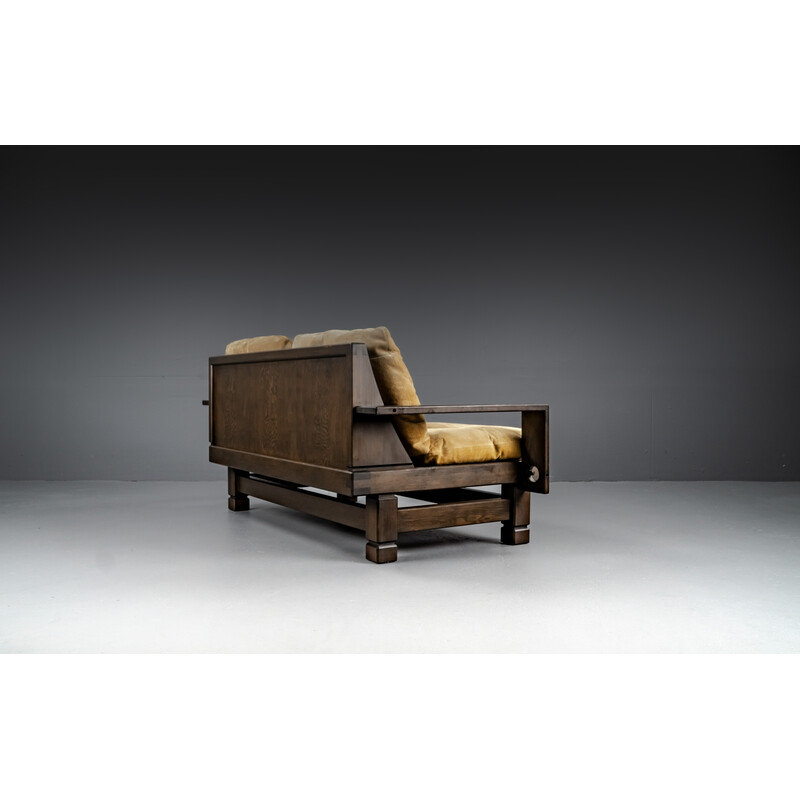 Vintage softwood and leather sofa, France 1960s