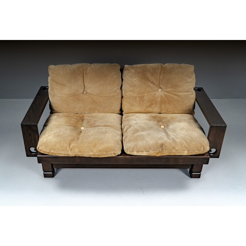 Vintage softwood and leather sofa, France 1960s