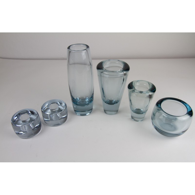 Set of 6 vintage blue glass vases by Per Lütken for Holmegaard Glassworks, Denmark 1960s