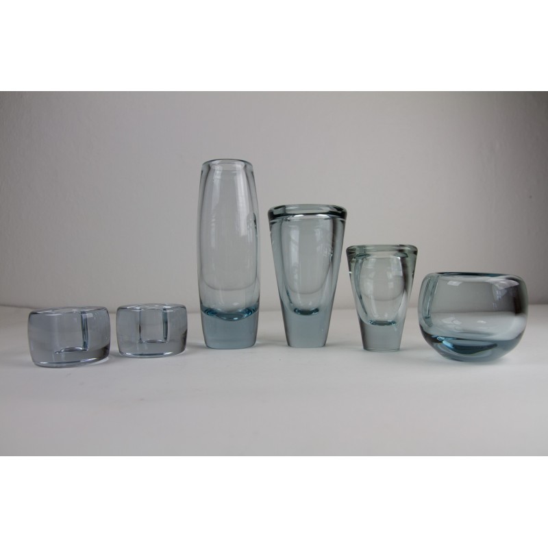 Juego de 6 jarrones vintage de cristal azul de Per Lütken para Holmegaard Glassworks, Dinamarca Años 60