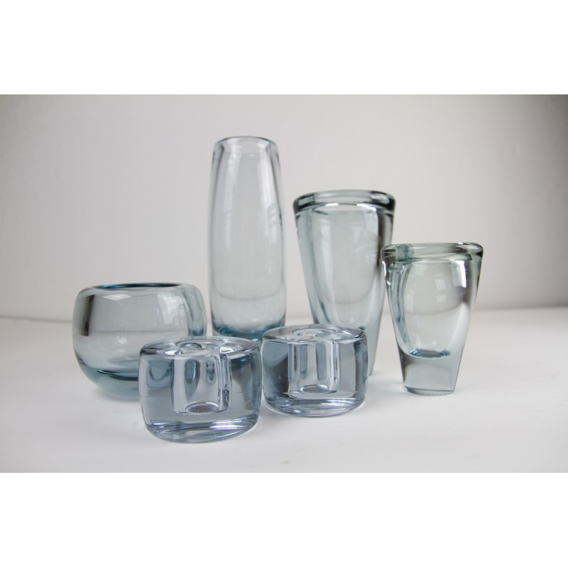 Set of 6 vintage blue glass vases by Per Lütken for Holmegaard Glassworks, Denmark 1960s