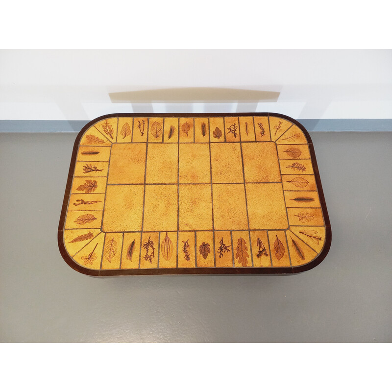 Vintage coffee table in dark wood and Vallauris ceramic by Roger Capron, 1960-1970