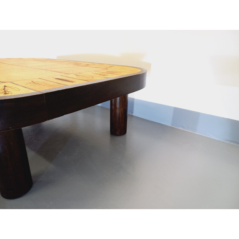 Vintage coffee table in dark wood and Vallauris ceramic by Roger Capron, 1960-1970