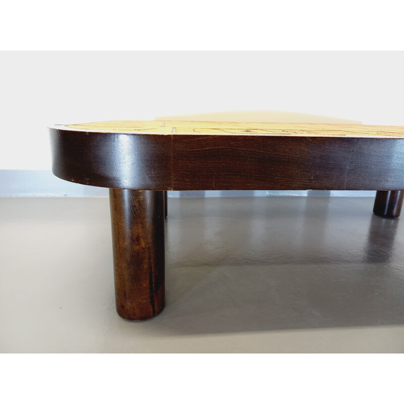 Table basse vintage en bois foncé et céramique de Vallauris de Roger Capron, 1960-1970