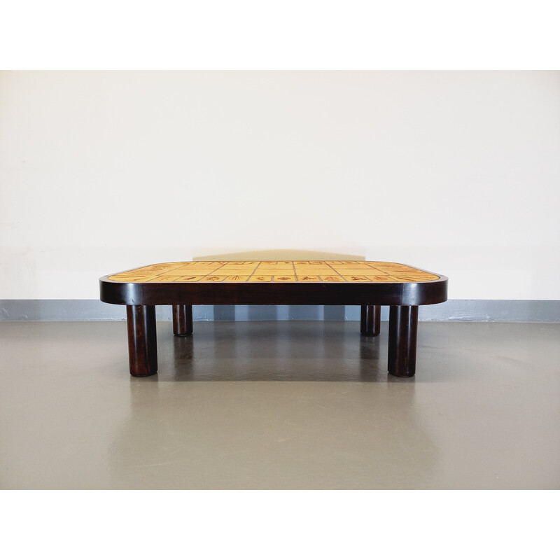 Vintage coffee table in dark wood and Vallauris ceramic by Roger Capron, 1960-1970