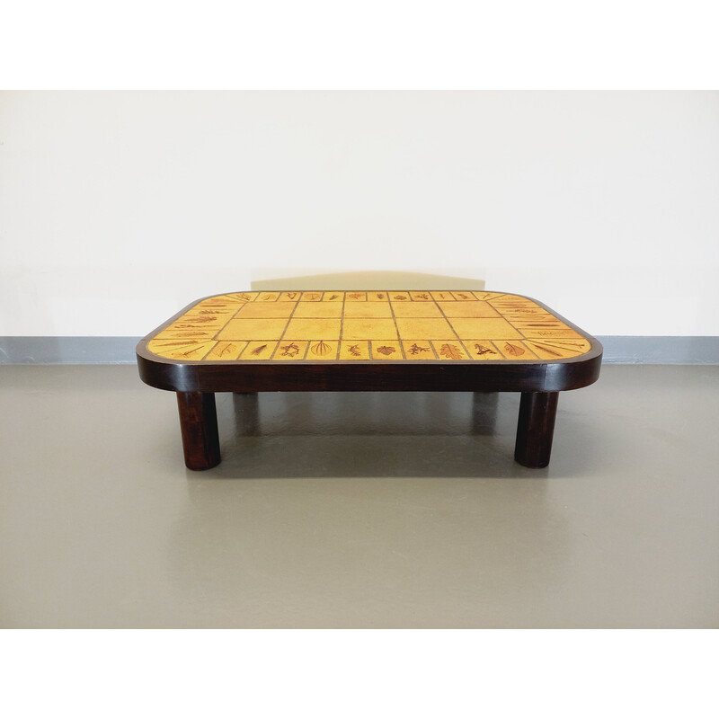 Tavolino vintage in legno scuro e ceramica di Vallauris di Roger Capron, 1960-1970