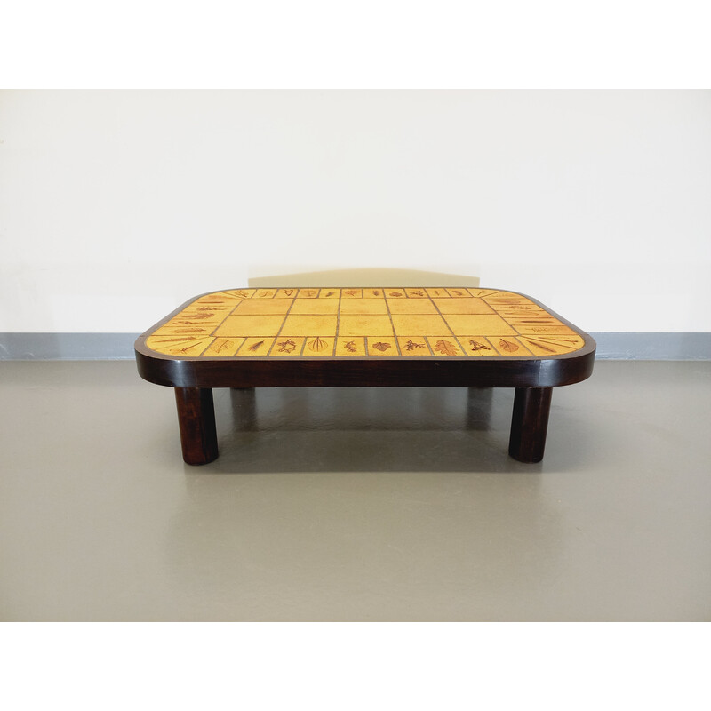 Vintage coffee table in dark wood and Vallauris ceramic by Roger Capron, 1960-1970