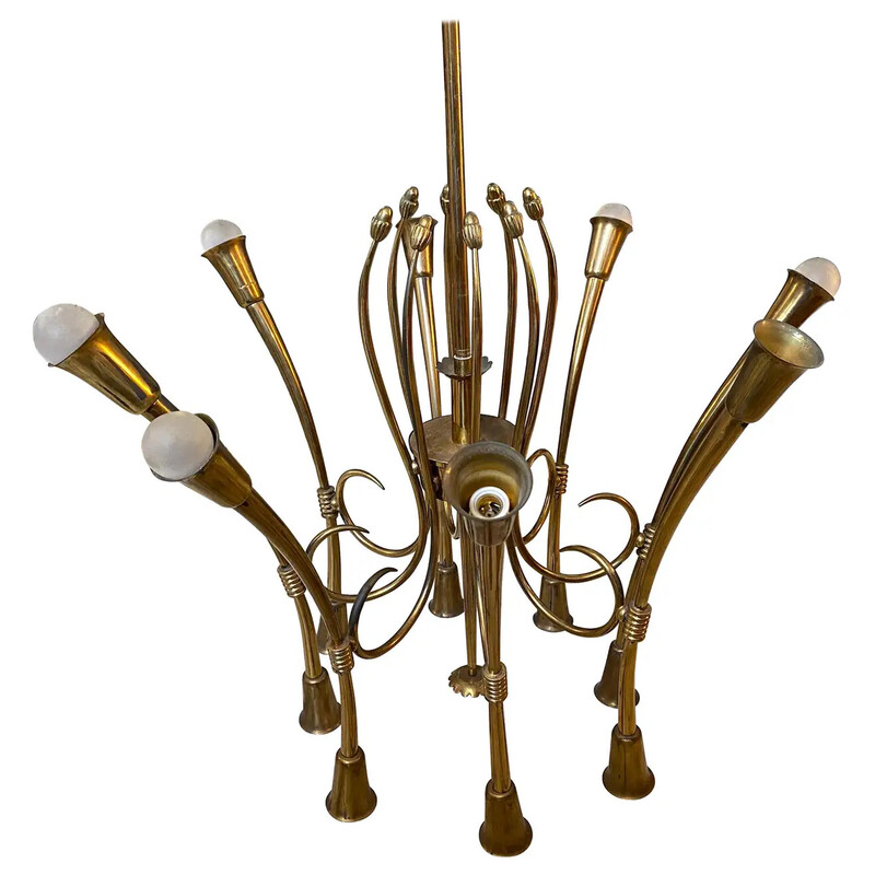 Mid-century 16 lights brass chandelier by Oscar Torlasco, 1960s