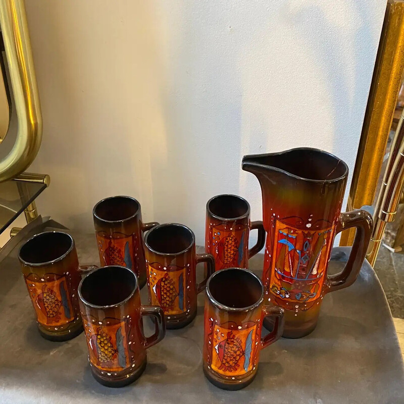 Vintage modernist hand-painted ceramic Sicilian cocktail set by La Maga, 1981