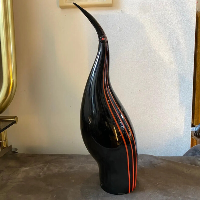 Pingüino vintage de cristal de Murano rojo y negro de Seguso, años 70