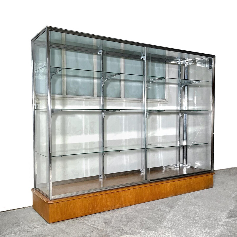 Vintage glass and chrome display cabinet, 1980