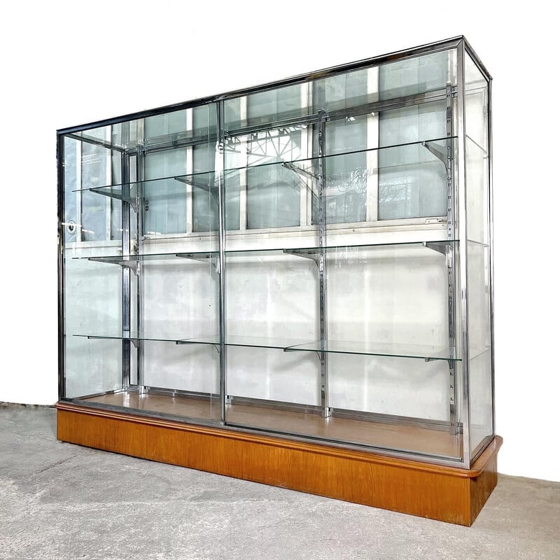 Vintage vitrinekast van glas en chroom, 1980