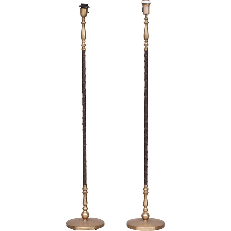 Pair of vintage leather and brass floor lamps by Einar Bäckström, Sweden 1950s