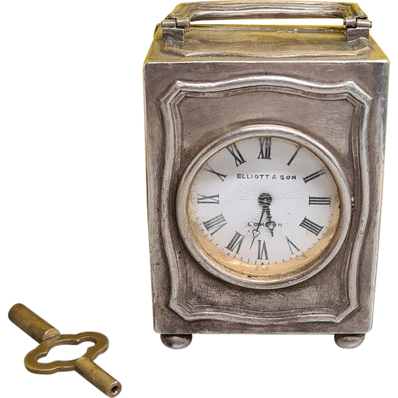 Horloge de voyage vintage en argent par Elliott and Son London