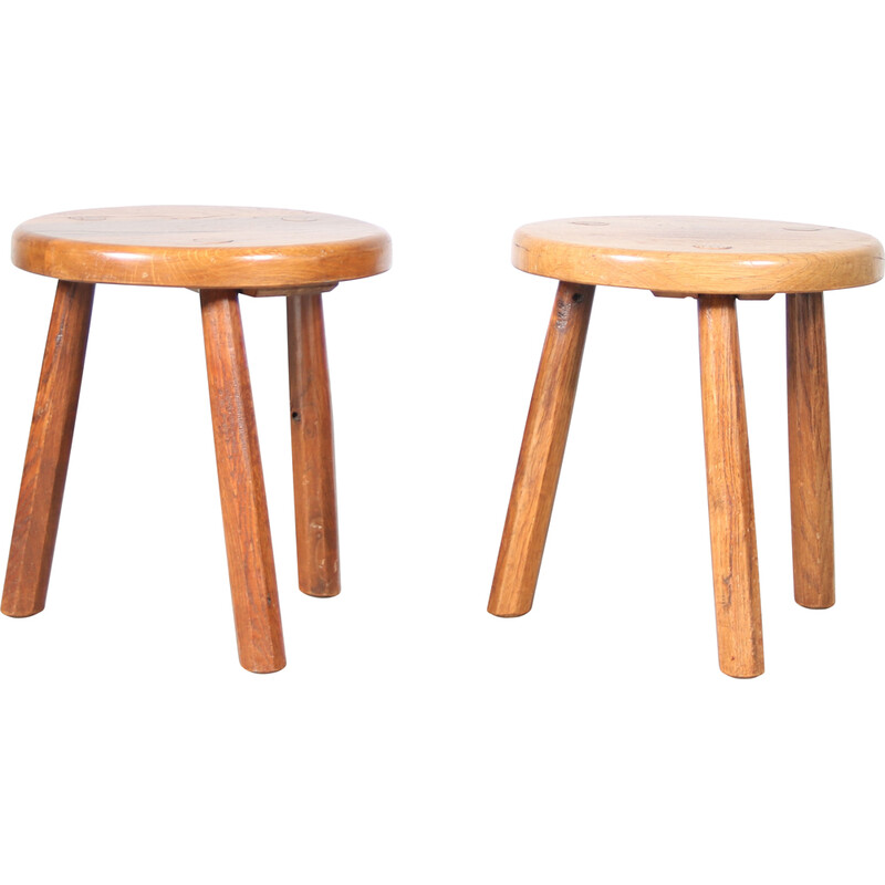 Vintage oak tripod stool, Netherlands 1970s