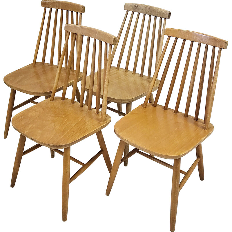 Set of 4 Scandinavian vintage beechwood chairs, 1960