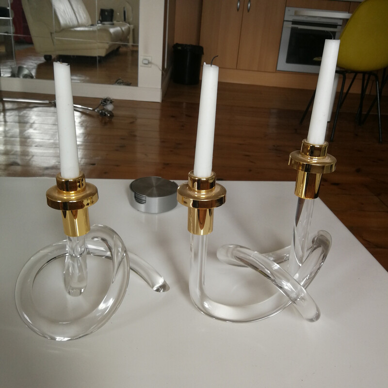 Pair of vintage candlesticks in plexiglass and gilt metal, 1970