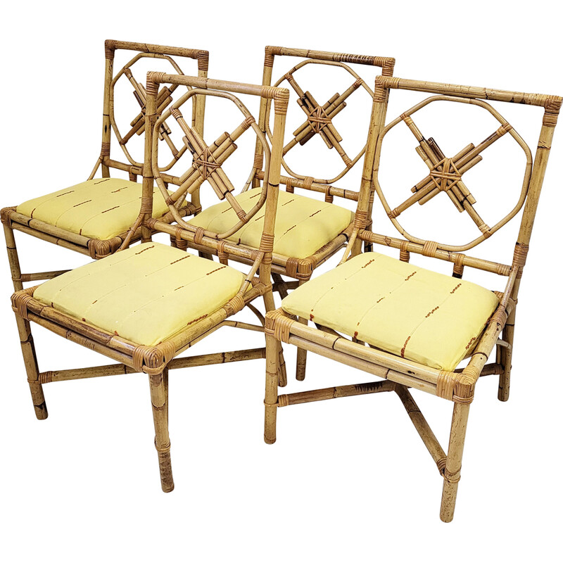 Juego de 4 sillas vintage de bambú y ratán, 1950