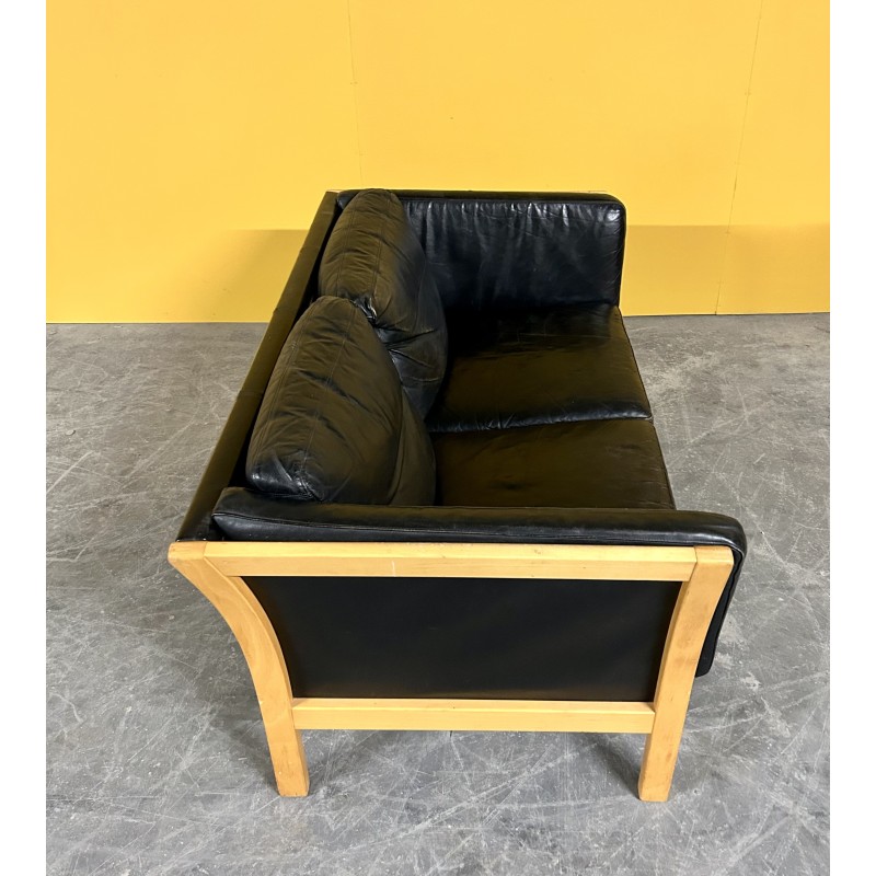 Danish vintage 2 seater black leather sofa with wooden frame, 1960s