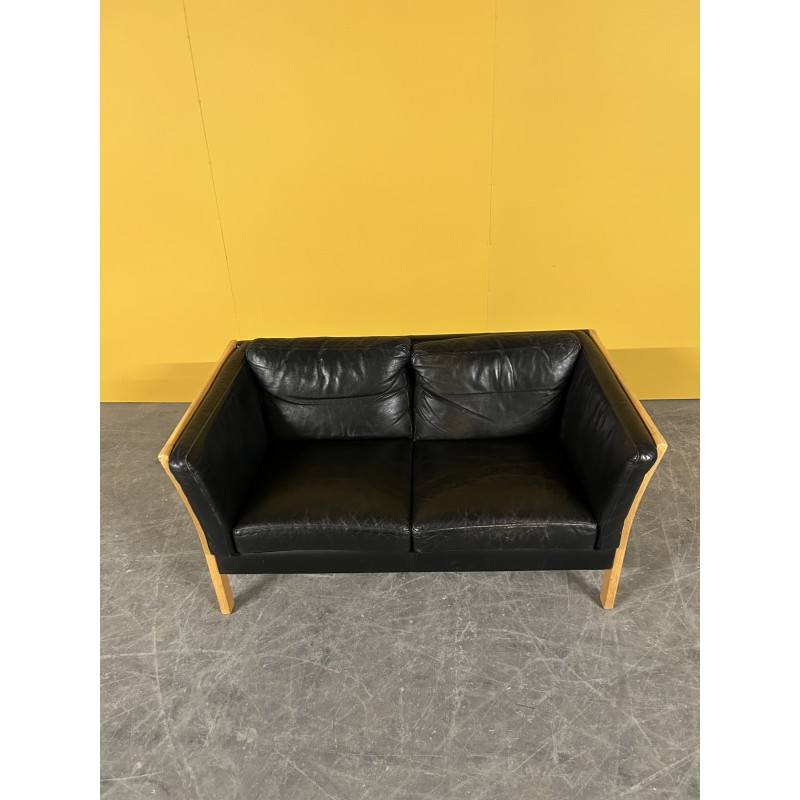 Danish vintage 2 seater black leather sofa with wooden frame, 1960s
