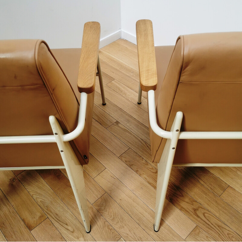 Vintage armchair in metal, wood and brown leather by Jean Prouvé for Vitra, 1939s