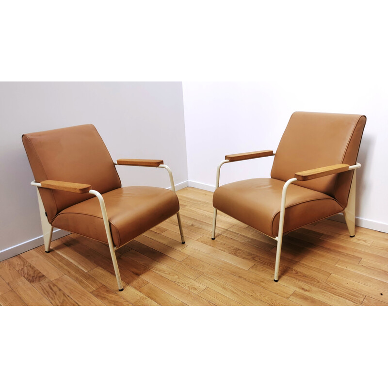 Vintage-Sessel aus Metall, Holz und braunem Leder von Jean Prouvé für Vitra, 1939