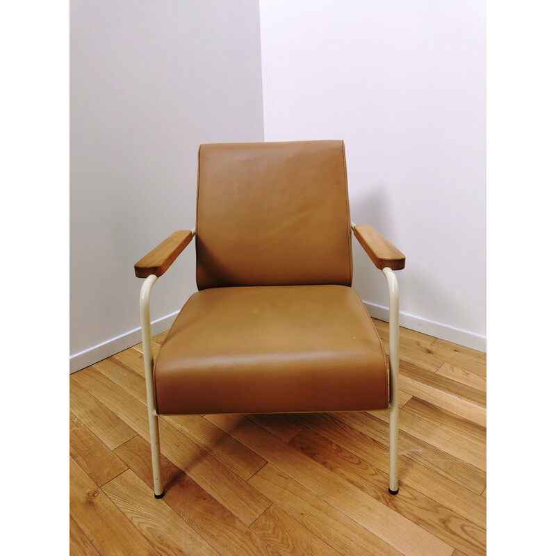 Vintage armchair in metal, wood and brown leather by Jean Prouvé for Vitra, 1939s