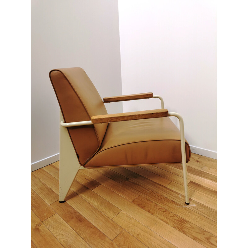 Vintage armchair in metal, wood and brown leather by Jean Prouvé for Vitra, 1939s