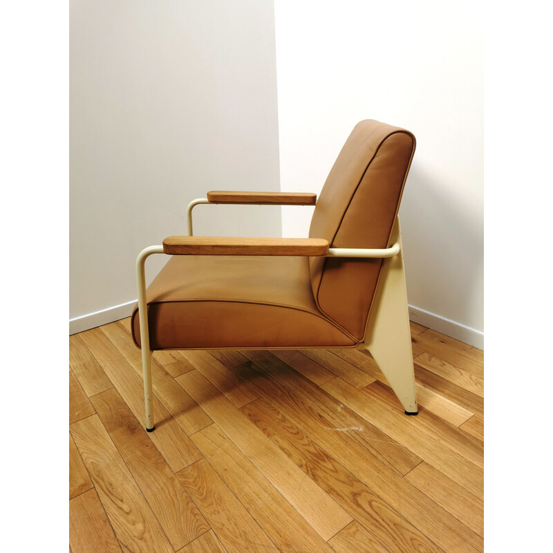 Vintage armchair in metal, wood and brown leather by Jean Prouvé for Vitra, 1939s
