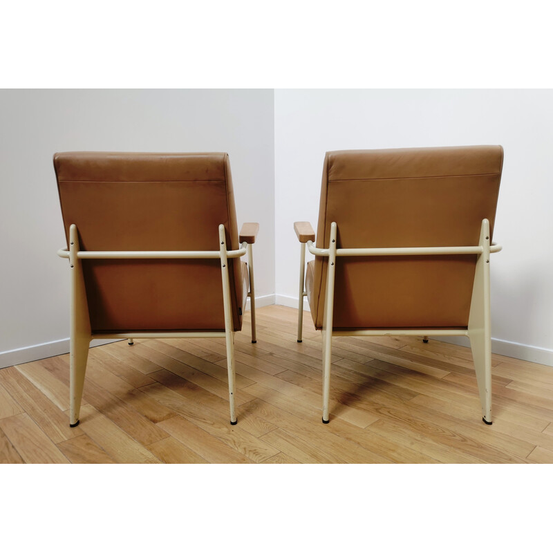 Vintage armchair in metal, wood and brown leather by Jean Prouvé for Vitra, 1939s