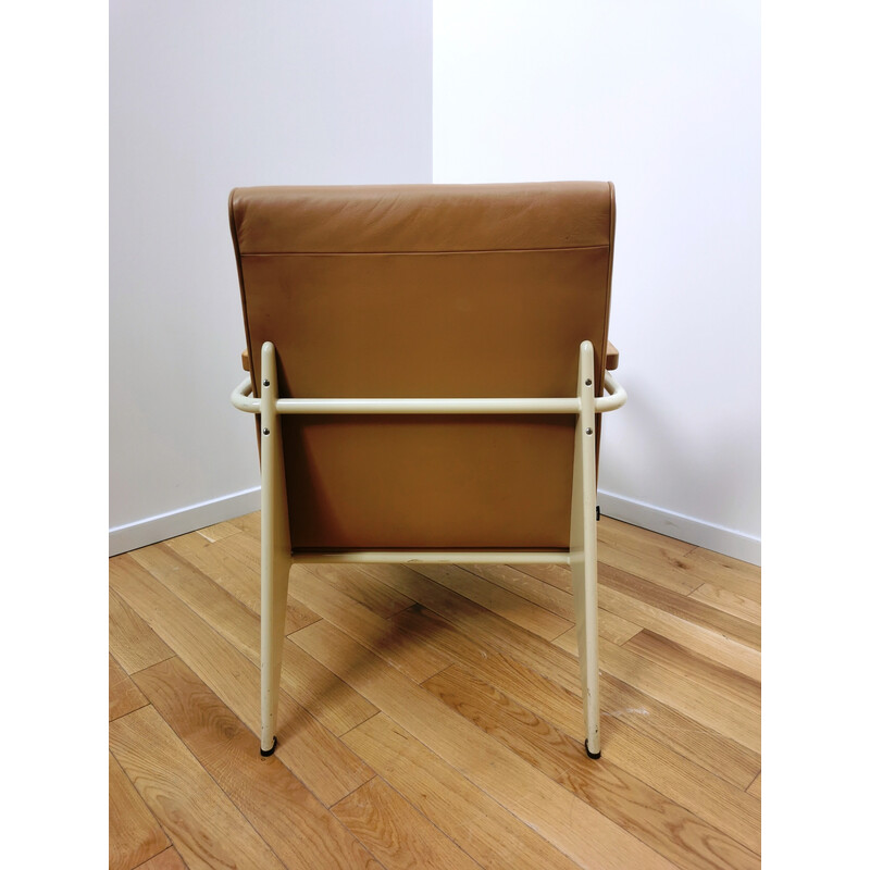 Vintage armchair in metal, wood and brown leather by Jean Prouvé for Vitra, 1939s